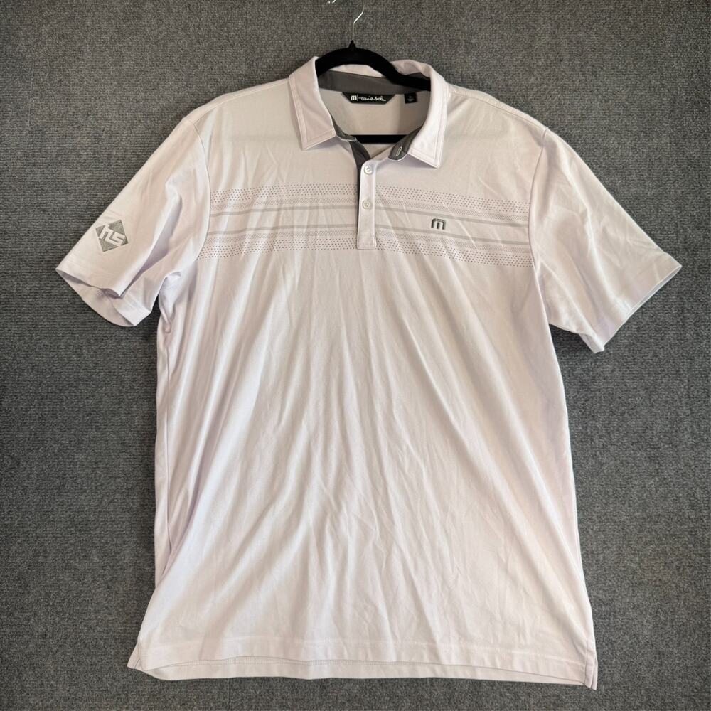 Travis Mathew Golf Polo White Gray Perforated Stripe Chest Logo Men's XL